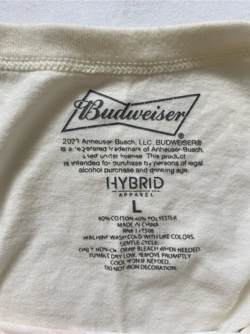 Budweiser Cream Tee with Red and Blue Label Graphic, Sz L